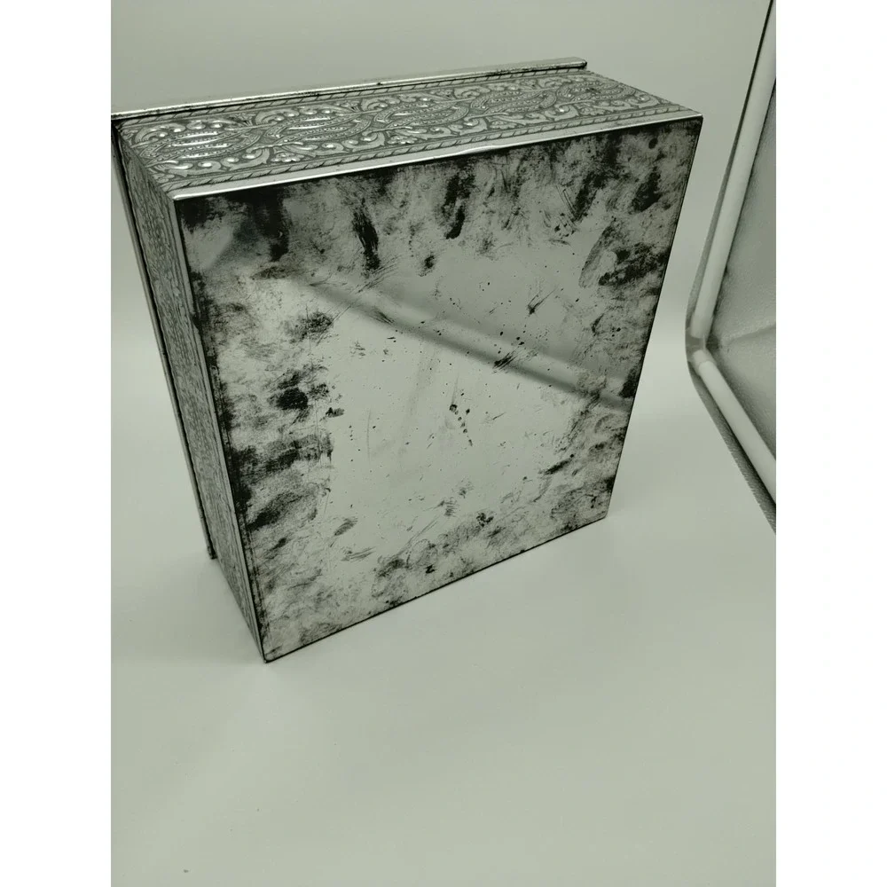 Vintage Biscuit Tin Box Embossed Colonial Equestrian Forest Theme Silver Toned